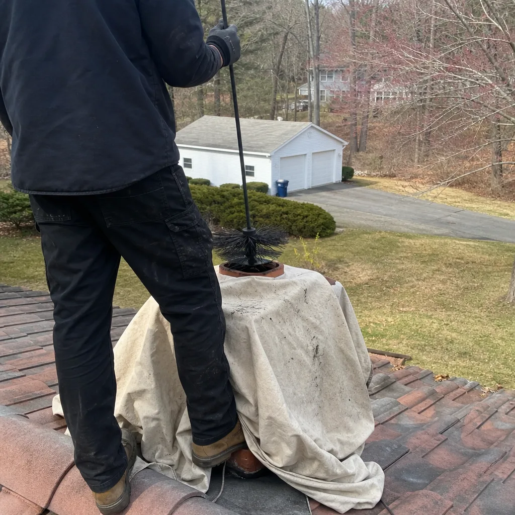 Professional chimney sweep cleaning a residential chimney flue from the roof.