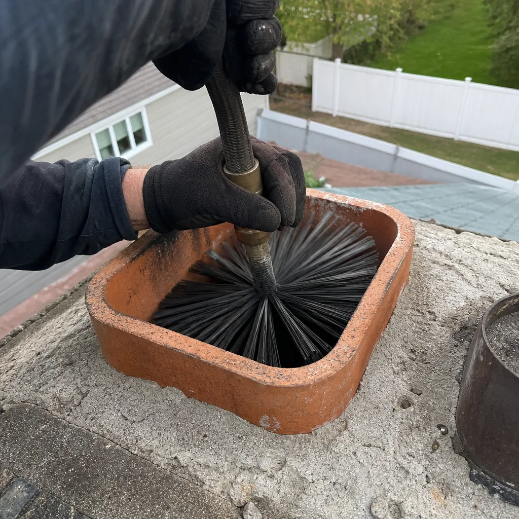 Technician performing professional chimney cleaning and sweep with a rotating brush