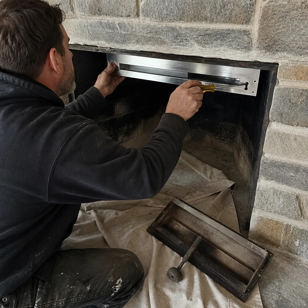 Professional technician installing a fireplace damper insert in a stone hearth
