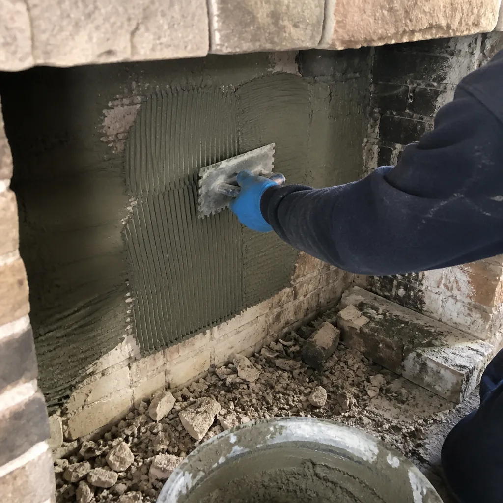 Professional contractor applying mortar to fireplace interior with a trowel.