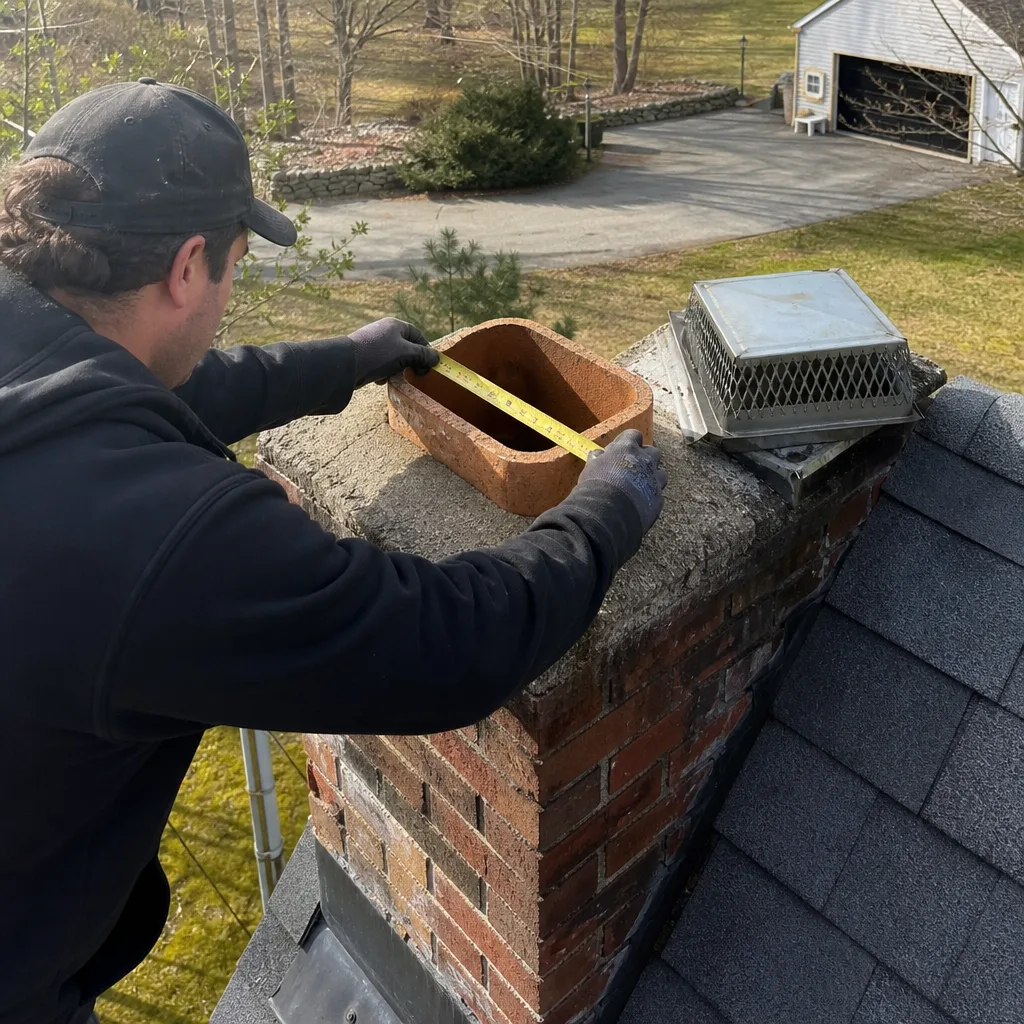 Technician measuring chimney flue for new cap installation on roof in Canton, CT